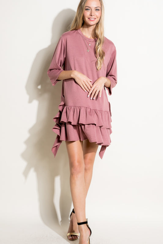 SOLID TERRY LAYERED RUFFL MINI DRESS