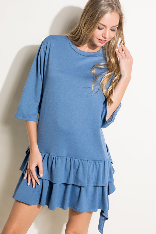 SOLID TERRY LAYERED RUFFL MINI DRESS