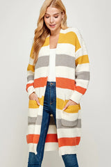 SOFT RIBBED KNIT MULTI COLORED BASIC LONG CARDIGAN