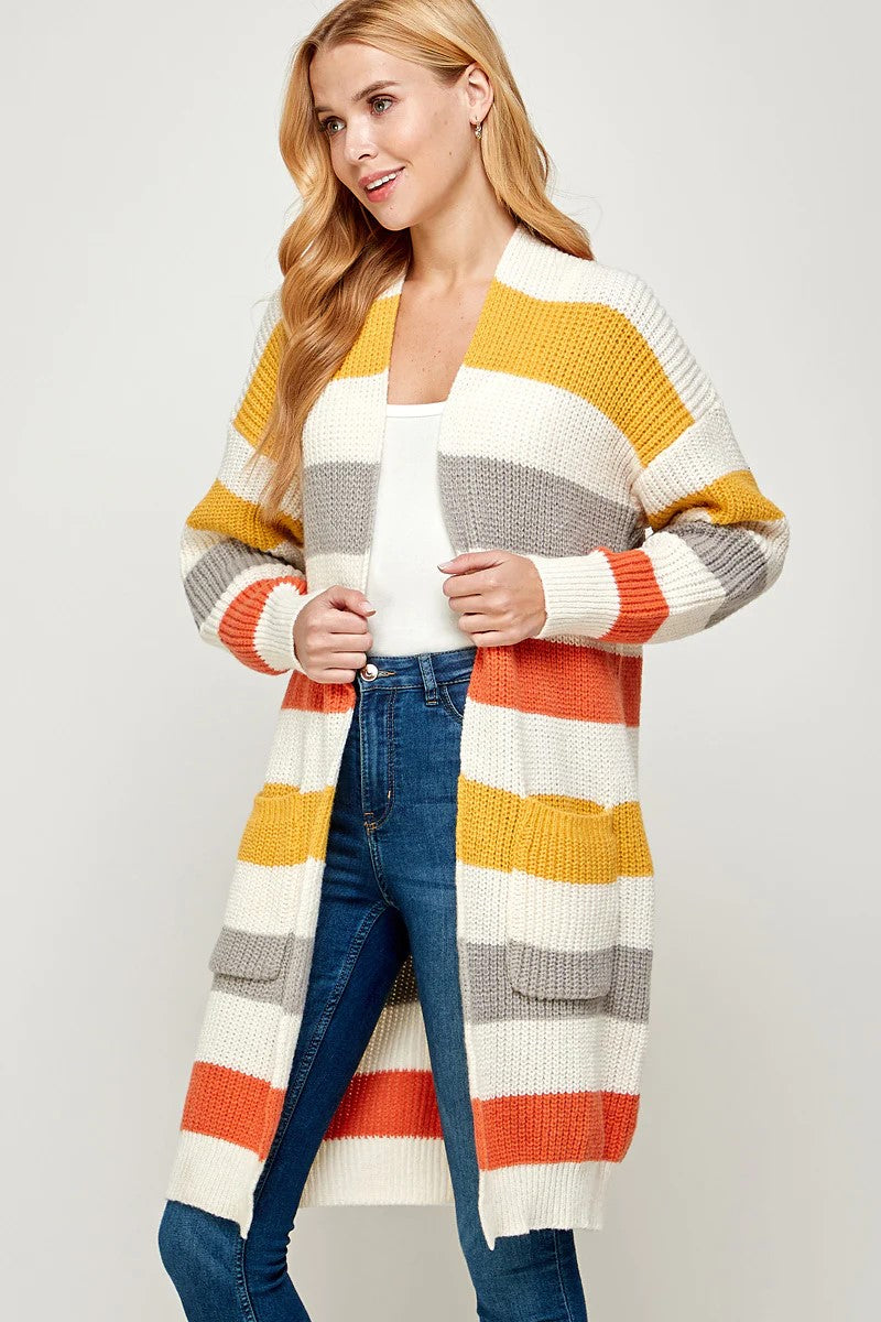 SOFT RIBBED KNIT MULTI COLORED BASIC LONG CARDIGAN