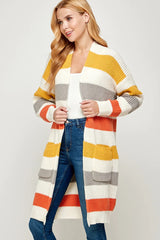 SOFT RIBBED KNIT MULTI COLORED BASIC LONG CARDIGAN