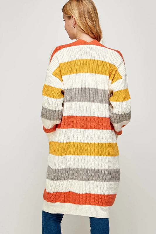 SOFT RIBBED KNIT MULTI COLORED BASIC LONG CARDIGAN