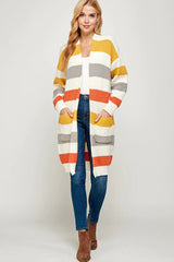 SOFT RIBBED KNIT MULTI COLORED BASIC LONG CARDIGAN