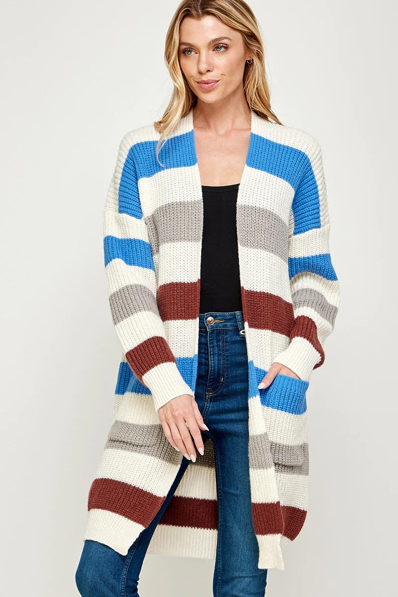 SOFT RIBBED KNIT MULTI COLORED BASIC LONG CARDIGAN