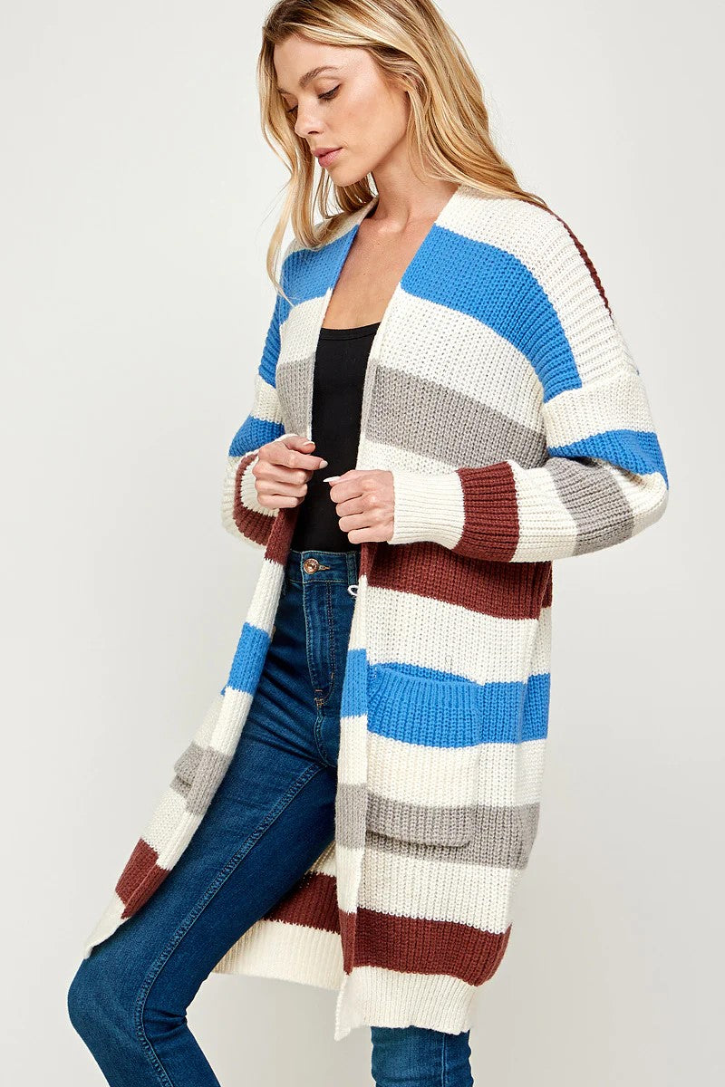 SOFT RIBBED KNIT MULTI COLORED BASIC LONG CARDIGAN