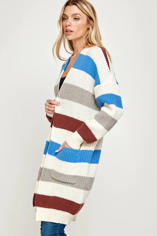 SOFT RIBBED KNIT MULTI COLORED BASIC LONG CARDIGAN