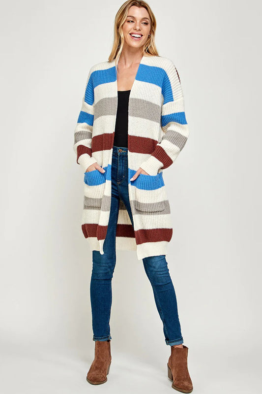 SOFT RIBBED KNIT MULTI COLORED BASIC LONG CARDIGAN