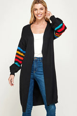 RIB KNIT MULTI COLOR STRIPE DETAIL CASUAL LONG CARDIGAN