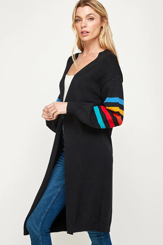 RIB KNIT MULTI COLOR STRIPE DETAIL CASUAL LONG CARDIGAN