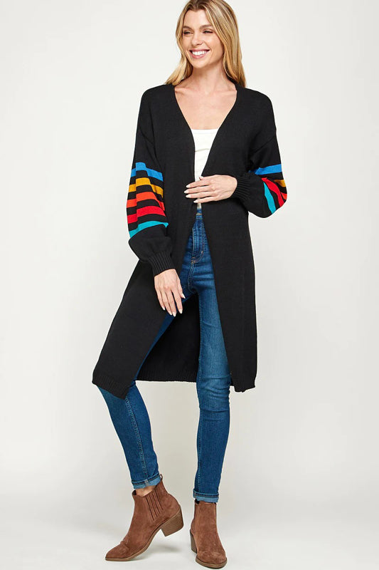 RIB KNIT MULTI COLOR STRIPE DETAIL CASUAL LONG CARDIGAN