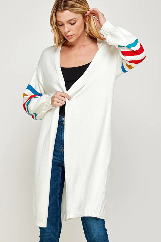 RIB KNIT MULTI COLOR STRIPE DETAIL CASUAL LONG CARDIGAN