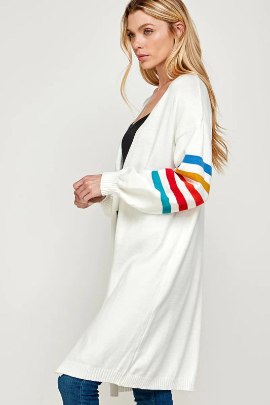 RIB KNIT MULTI COLOR STRIPE DETAIL CASUAL LONG CARDIGAN