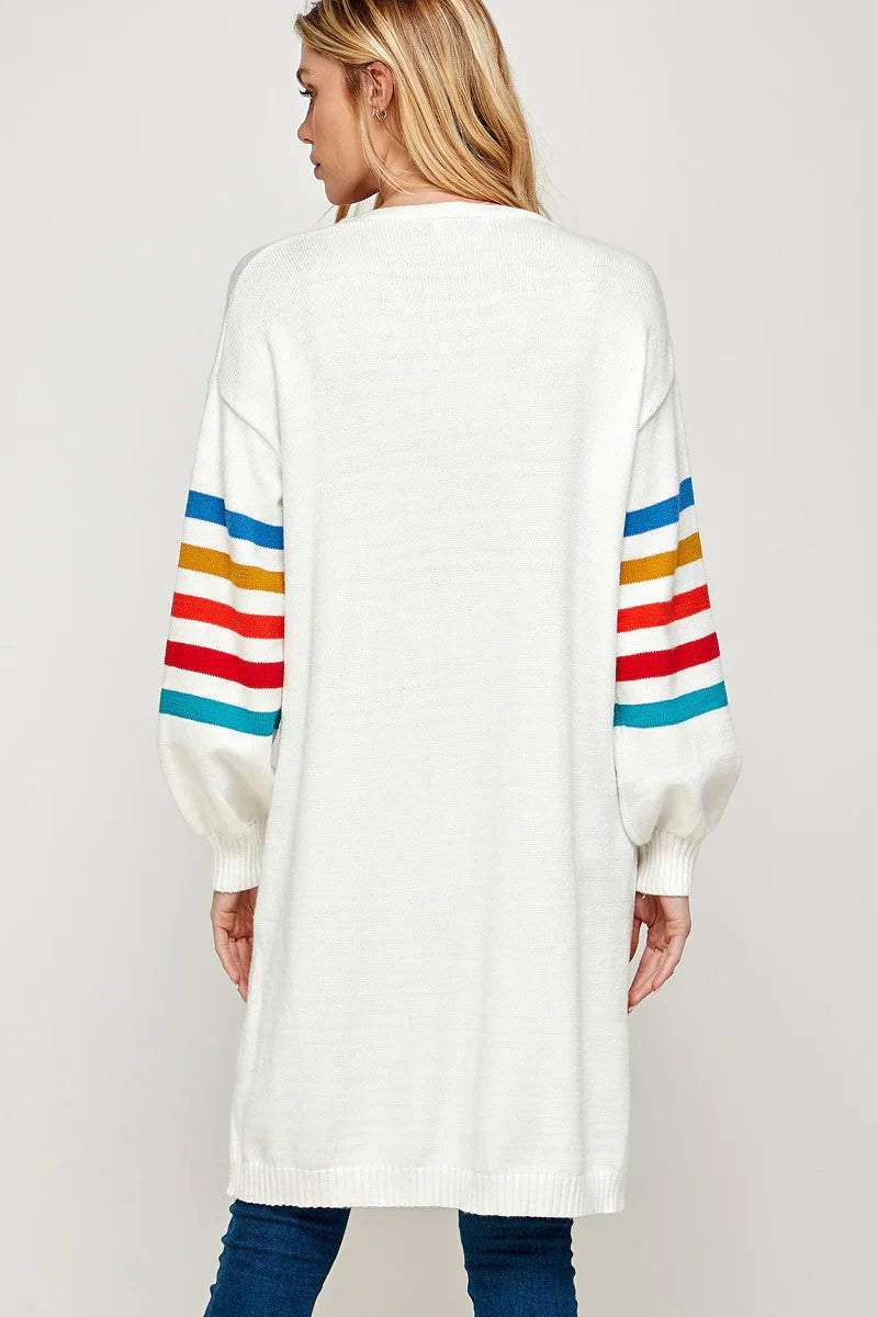 RIB KNIT MULTI COLOR STRIPE DETAIL CASUAL LONG CARDIGAN