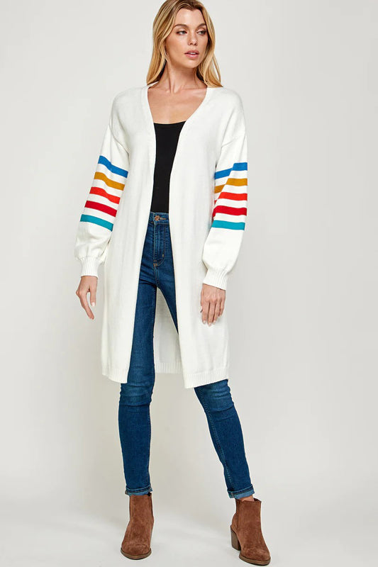 RIB KNIT MULTI COLOR STRIPE DETAIL CASUAL LONG CARDIGAN