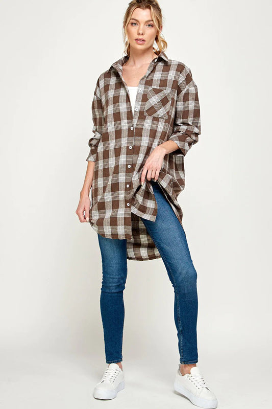 PLAID BUTTON DOWN LONG SHACKET