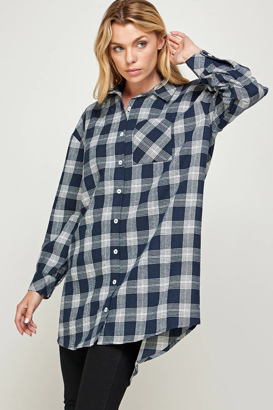 PLAID BUTTON DOWN LONG SHACKET