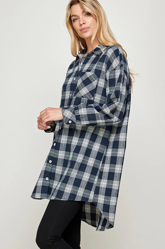 PLAID BUTTON DOWN LONG SHACKET