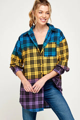 COLOR BLOCK PLAID BUTTON DOWN SHACKET