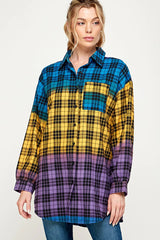 COLOR BLOCK PLAID BUTTON DOWN SHACKET