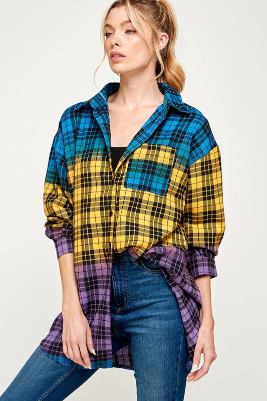 COLOR BLOCK PLAID BUTTON DOWN SHACKET