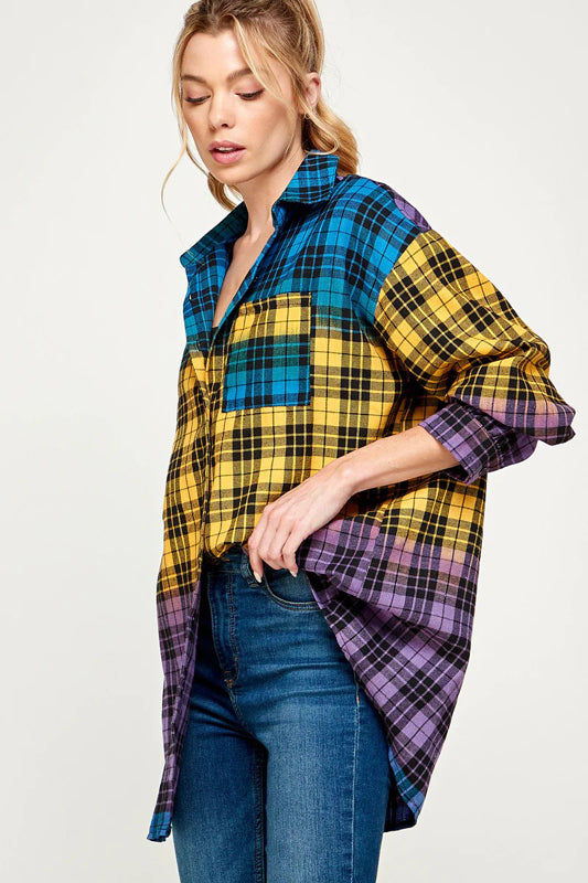 COLOR BLOCK PLAID BUTTON DOWN SHACKET