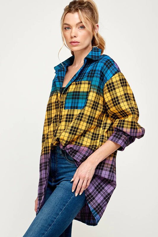 COLOR BLOCK PLAID BUTTON DOWN SHACKET