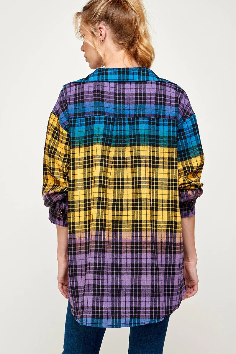 COLOR BLOCK PLAID BUTTON DOWN SHACKET