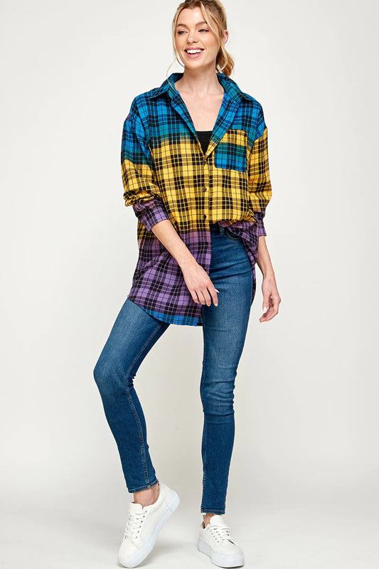 COLOR BLOCK PLAID BUTTON DOWN SHACKET