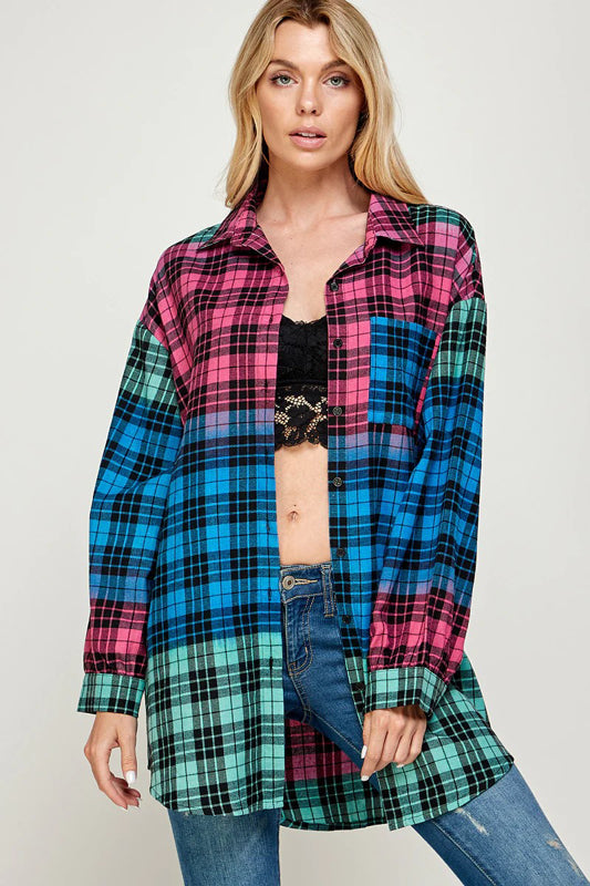 COLOR BLOCK PLAID BUTTON DOWN SHACKET