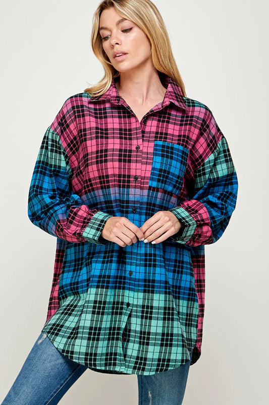 COLOR BLOCK PLAID BUTTON DOWN SHACKET