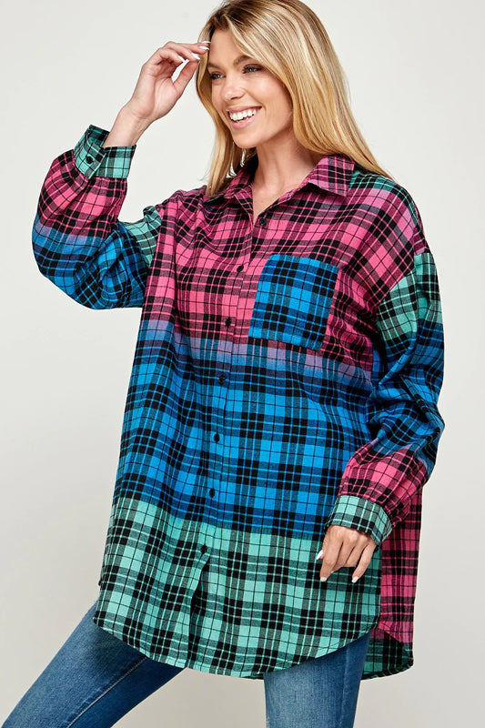 COLOR BLOCK PLAID BUTTON DOWN SHACKET