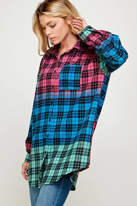 COLOR BLOCK PLAID BUTTON DOWN SHACKET