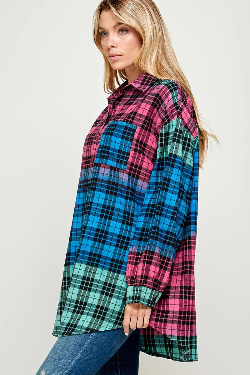 COLOR BLOCK PLAID BUTTON DOWN SHACKET