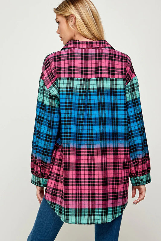 COLOR BLOCK PLAID BUTTON DOWN SHACKET