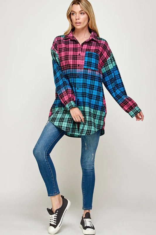 COLOR BLOCK PLAID BUTTON DOWN SHACKET