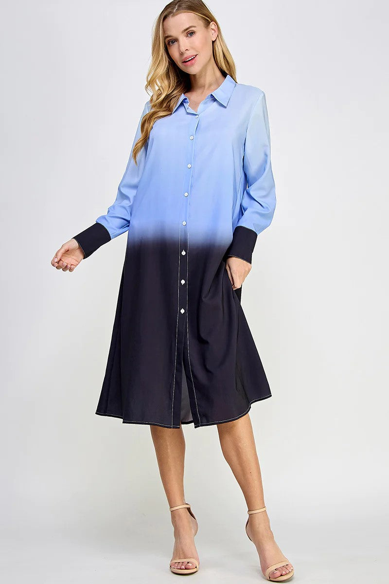 OMBRE TIE DYE WOVEN MIDI SHIRT DRESS