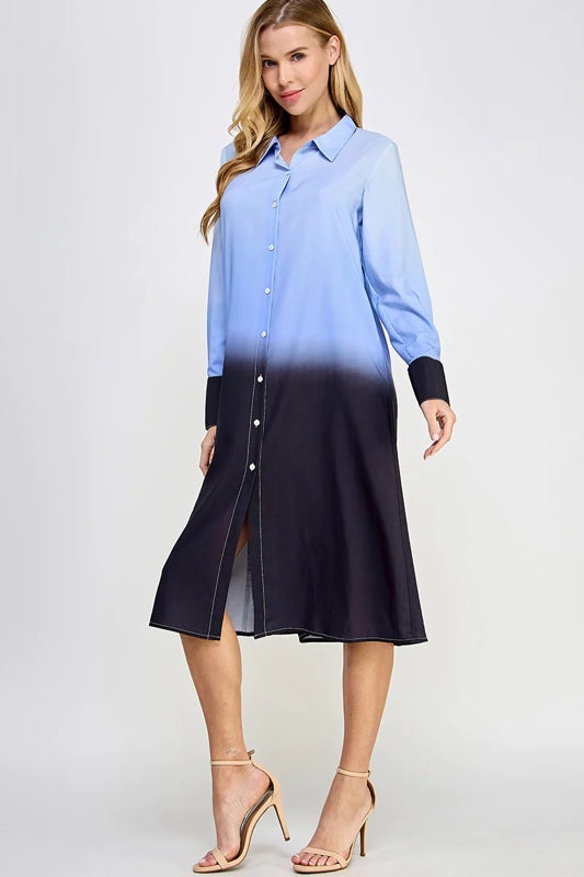 OMBRE TIE DYE WOVEN MIDI SHIRT DRESS