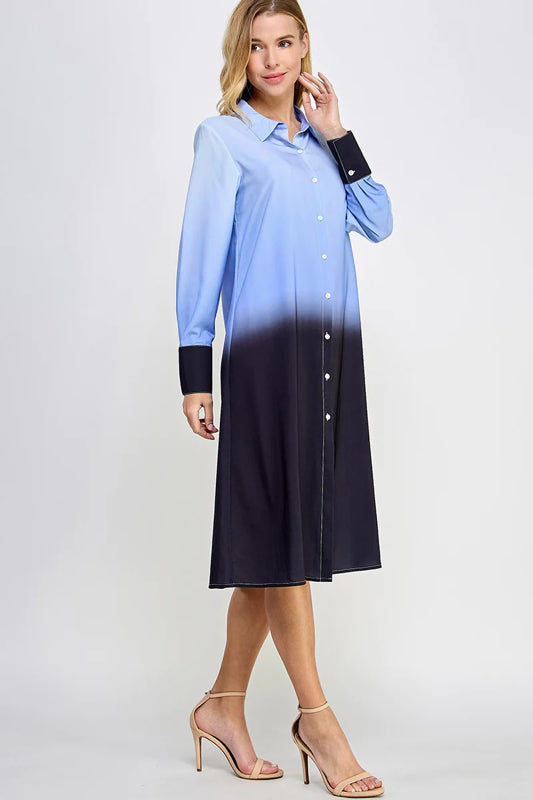 OMBRE TIE DYE WOVEN MIDI SHIRT DRESS