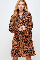 CHEETAH PRINT WOVEN BUTTON DOWN BLOUSE MINI DRESS