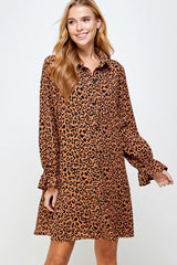 CHEETAH PRINT WOVEN BUTTON DOWN BLOUSE MINI DRESS