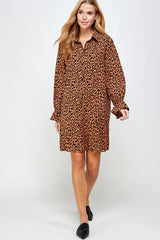 CHEETAH PRINT WOVEN BUTTON DOWN BLOUSE MINI DRESS