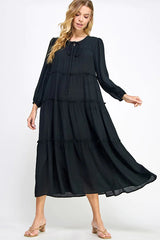 SOLID WOVEN TIERED CASUAL MIDI DRESS