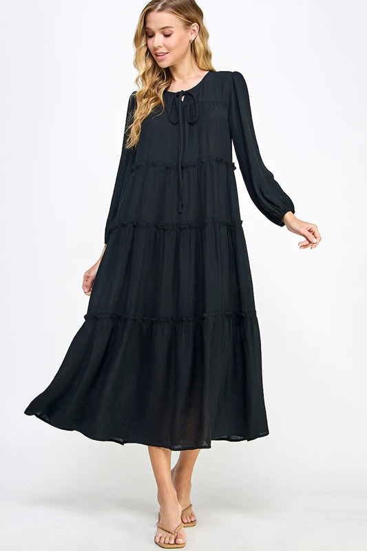 SOLID WOVEN TIERED CASUAL MIDI DRESS