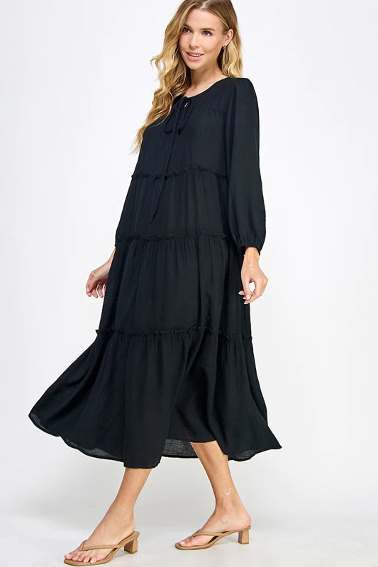 SOLID WOVEN TIERED CASUAL MIDI DRESS