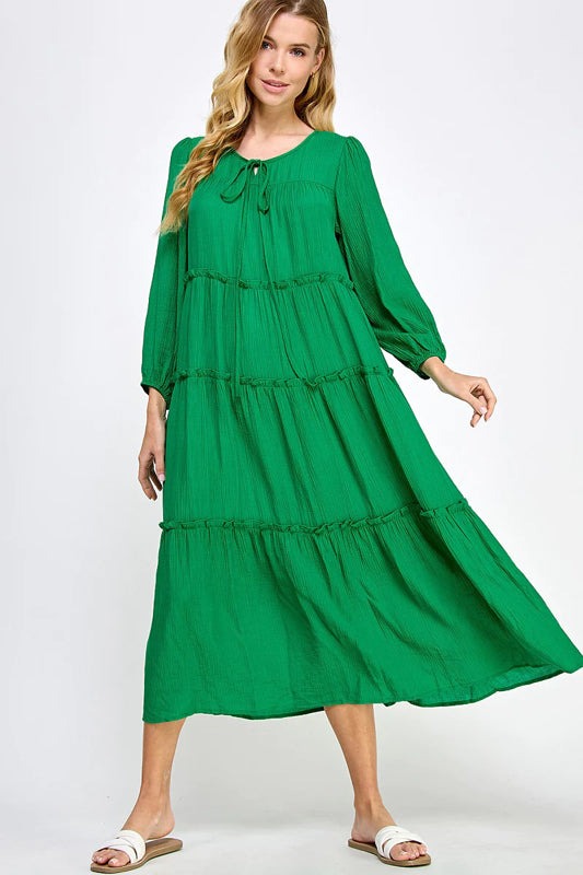 SOLID WOVEN TIERED CASUAL MIDI DRESS