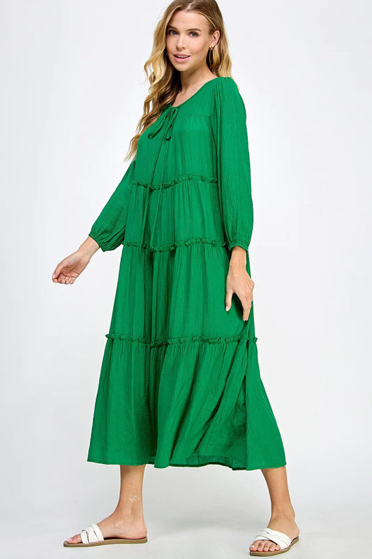 SOLID WOVEN TIERED CASUAL MIDI DRESS