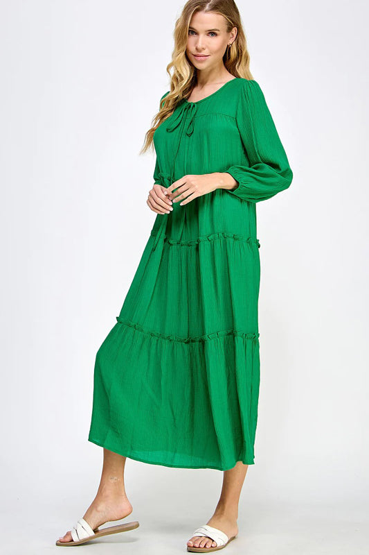 SOLID WOVEN TIERED CASUAL MIDI DRESS