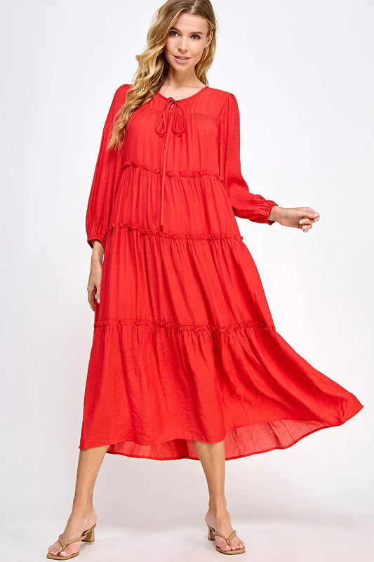 SOLID WOVEN TIERED CASUAL MIDI DRESS