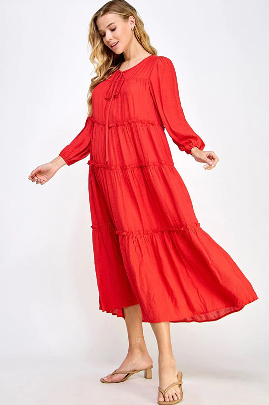 SOLID WOVEN TIERED CASUAL MIDI DRESS