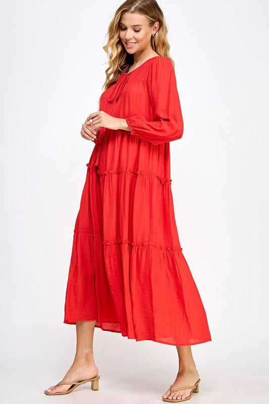 SOLID WOVEN TIERED CASUAL MIDI DRESS